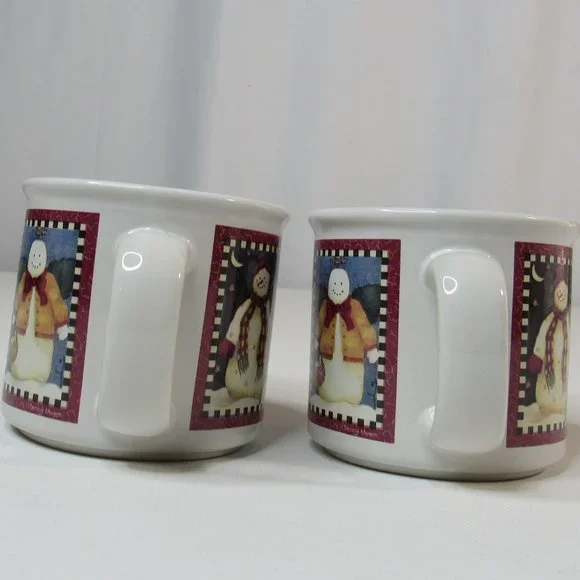 Debbie Mumm Christmas Set of 2 "Checkerboard Snowman" Ceramic Cocoa Mugs - Picture 3 of 9